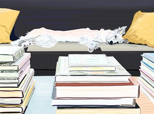 Minnie sul divano con i libri, 2020-24 circa (arte digitale) da Evan Sklar