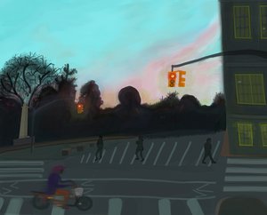 Scooter arancione, Grand Army Plaza, Brooklyn, 2016 (disegnato a mano su un iPad con una matita Apple) da Evan Sklar