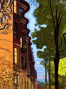 Linea del tetto e linea degli alberi al tramonto. (arte digitale) da Evan Sklar