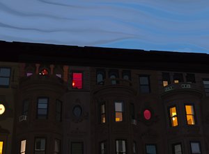 Case a schiera con finestre colorate e illuminate, Brooklyn (arte digitale) da Evan Sklar