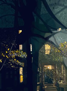 Ombre sulla finestra e vista sulla strada di notte (arte digitale) da Evan Sklar
