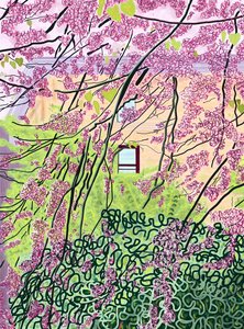 Alberi di primavera e edificio di appartamenti, parco Prospekt (arte digitale)
