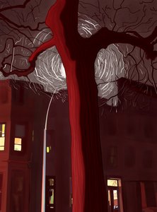 Strada e albero di notte illuminati da sirene e lampioni (arte digitale) da Evan Sklar