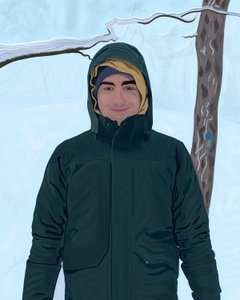 Giovane uomo con parka verde nella neve (arte digitale) da Evan Sklar