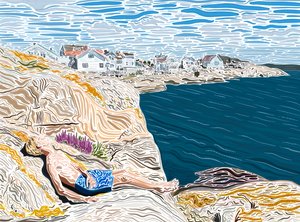 Giovane uomo al mare in estate che prende il sole sulle rocce. (arte digitale) da Evan Sklar