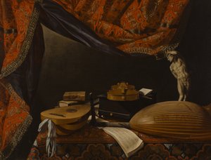 Natura morta con strumenti musicali, libri e scultura, c. 1650 da Evaristo Baschenis