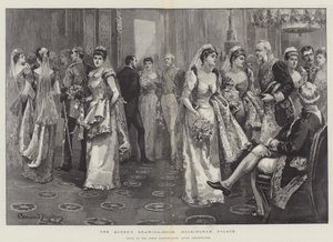 La sala del disegno della Regina, Buckingham Palace, scena nella sala verde dopo la presentazione da Everard Hopkins