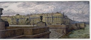 La piazza del Senato a San Pietroburgo. Descrizione degli edifici sulla riva della Neva. Opera di Evgeny Evgenyevich Lanceray (Eugene Lansere) (1875-1946), litografia da Evgeni Evgenievitch Lanceray