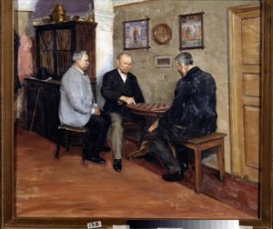 I giocatori di dama. Dipinto di Evgeni Iosifovich Bukovetsky (1866-1948)