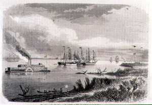 Un piroscafo e un rimorchiatore sul Mississippi, inciso da Stephane Pannemaker da Evremond de (after) Berard