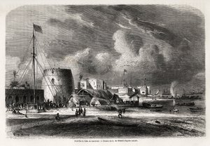Porto della città di Zanzibar (attuale Tanzania), disegno di Evremond de Berard (1824-1881), per illustrare il viaggio del Capitano Burton ai Grandi Laghi dell