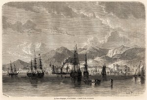 Il porto di Spagna, a Trinidad (Trinidad e Tobago), disegno di Evremond Auguste de Berard (1824-1881), per illustrare i viaggi nelle Indie Occidentali, nel 1858-1859, di Anthony Trollope (1815-1882). Incisione in "Le tour du monde, nouveau journal des voya da Evremond de (after) Berard