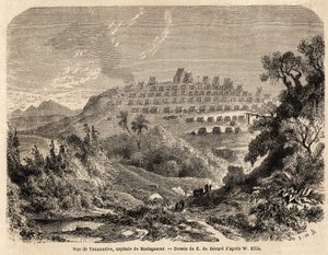 Veduta di Tananarive, capitale del Madagascar, disegno di Evremond de Berard (1824-1881), per illustrare il viaggio di Ida Pfeiffer in Madagascar nel 1857. Incisione in "Le tour du monde" 1861. Collezione Selva da Evremond de (after) Berard