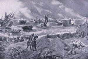 Giacomo II alla battaglia di La Hogue, 23 maggio 1692, illustrazione da British Battles on Land and Sea, 1915 da Eyre Crowe