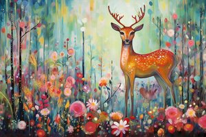 Un cervo nella natura e fiori, colori vivaci, stampe d