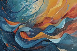 Pittura astratta in onde di blu, arancione e giallo da F. Abderrahim
