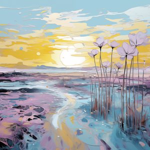 Fiori viola astratti nel paesaggio al tramonto, stampe d