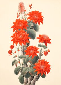 Cactus astratto con fiori, xilografia giapponese, stampe d