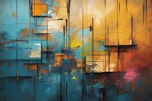 Pittura acrilica su tela, blu, arancione e giallo, decorazione murale per camera da letto