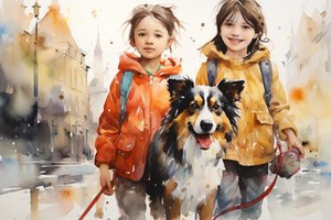 Ritratto ad acquerello di cane e bambini