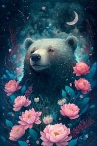Orso in una scena da sogno fantastica circondato da fiori da F. Abderrahim
