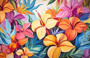 Mazzo di fiori di ibisco dai colori vivaci, dipinto floreale, stampe d