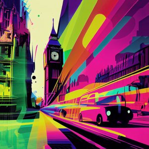 Cartoon surrealista colorato di Londra, astrazione comica da F. Abderrahim