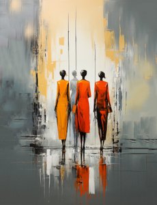 Persone che camminano per strada, dipinto astratto di donna da F. Abderrahim
