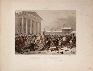 Esercito Francese in Ritirata nella Piazza del Municipio di Vilna, inciso da Victor Adam e Louis Pierre Alphonse Bichebois, 1812 da F. Daniel