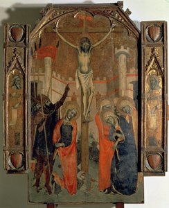 La Crocifissione, sezione superiore del pannello centrale del grande altare di Almudaina, completato nel 1358 da F. Bassa and R. Destorrents