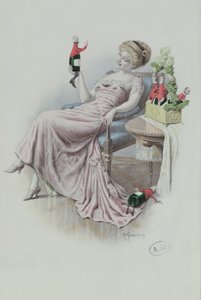 Cartolina raffigurante una donna con bottiglie di champagne a forma di uomini, c.1900