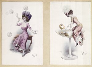 Cartoline raffiguranti una donna che soffia bolle e pesca in un bicchiere di Champagne, c.1900 da F. Kuderna