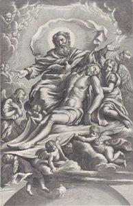 La Santissima Trinità, con il Cristo morto al centro circondato da angeli, Dio Padre, ..., 1650-90 da F. de Louvement