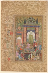 Babur riceve un cortigiano, 1580-85 circa (acquerello e oro su carta)