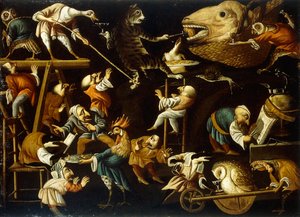 Animali immaginari e nani che combattono, bevono e festeggiano da Faustino Bocchi or Boccasi