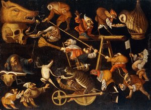 Animali immaginari e nani che combattono, bevono e festeggiano da Faustino Bocchi or Boccasi
