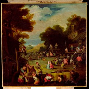 Pigmei a una fiera, che attingono acqua da un pozzo in primo piano e guardano spettacoli teatrali oltre da Faustino Bocchi or Boccasi