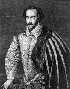 Ritratto di Sir Walter Raleigh (1554 - 1618), navigatore, cortigiano e scrittore inglese. Incisione da un dipinto attribuito a Federico Zuccaro (o Zuccari) (1549 - 1609) del 1588