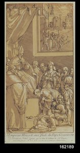 Imperatore Enrico IV (1050-1106) ai piedi di Papa Gregorio VII (1020-85) inciso da Nicolas Le Sueur (1691-1764) da Federico Zuccari or Zuccaro