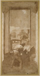 Uomo che disegna al chiaro di luna dalla finestra di una casa da Federico Zuccaro