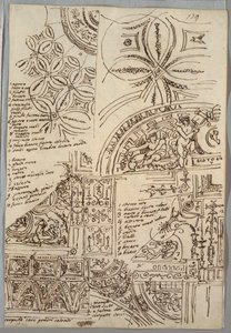 Studi Decorativi di Soffitti con Grottesche; Studi di Monumento con Sigillo Papale, Sisto V
