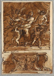 Papa Gregorio VII e quattro angeli, studio dopo Raffaello "Personaggi del Papato"; panca antica da Felice Giani