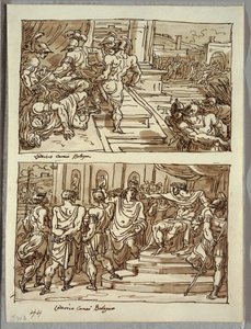 Remo uccide il re Amulio; Remo condotto in catene davanti al re Amulio; Due studi dopo Carracci da Felice Giani