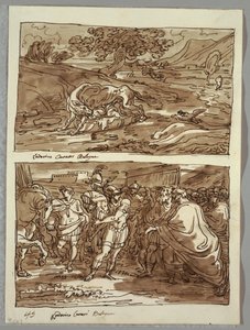 Romolo e Remo allattati dalla lupa; Romolo dedica a Giove Feretrio le spoglie del re Acronius conquistato, due studi dopo Carracci da Felice Giani