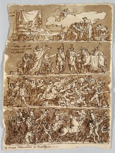 Pagina di taccuino: Nascita di Alessandro Magno; Battaglia di Alessandro e Dario; Trionfo di Alessandro