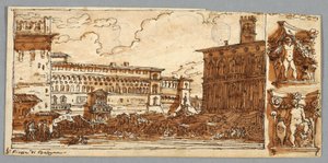 Pagina di taccuino, Folio 57: Studio dopo Piazza Emmanuelle a Bologna; Verso, Dettaglio architettonico da Felice Giani