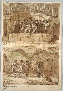 Pagina di taccuino, foglio 98: Due dipinti dopo Caravaggio e Raffaello; Verso: Aquila e bue da Felice Giani