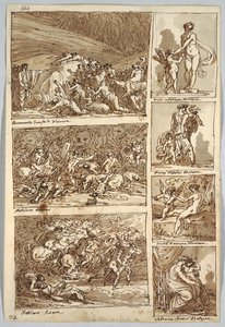 Pagina di taccuino: Studi dopo dipinti a Ferrara, Roma, Bologna, Mantova dopo artisti Tibaldi, Raffaello, Andrea del Sarto e Polidoro; Verso: Scheletro di uccello e testa di cavallo da Felice Giani