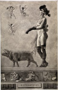 Pornokrates (Donna nuda, occhi bendati, circondata da angeli e con un maiale al guinzaglio) - disegno di Felicien Rops (1833-1898)