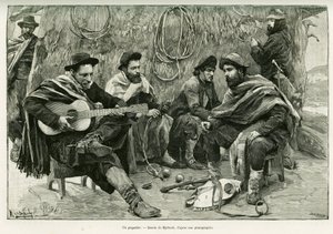 Un payador, duello in versi di cantanti ambulanti. Incisione di Myrbach, per illustrare la storia Viaggio alla Plata, nel 1886, di Emile Daireaux, in Le Tour du monde 1888, diretto da Edouard Charton (1807-1890), Hachette, Parigi. da Felicien baron de Myrbach Rheinfeld